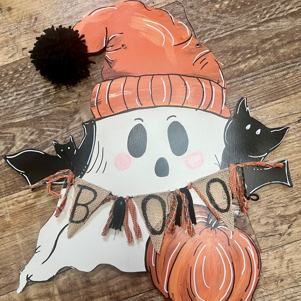 Halloween Ghost Wooden Door Hanger Boo Banner Pumpkin Bats Wall Decor 21x19 - Picture 3 of 11